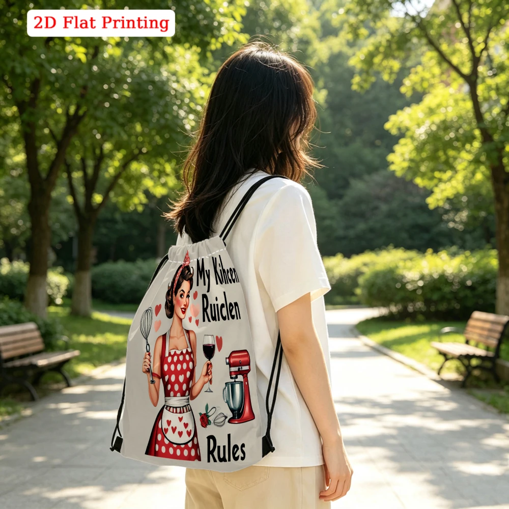 Retro Vintage Style, Drawstring Backpack, 2D Flat Printing Kitchen Rules Chef Pattern, Gym Sports Bag, Outdoor Travel Cinch Sack