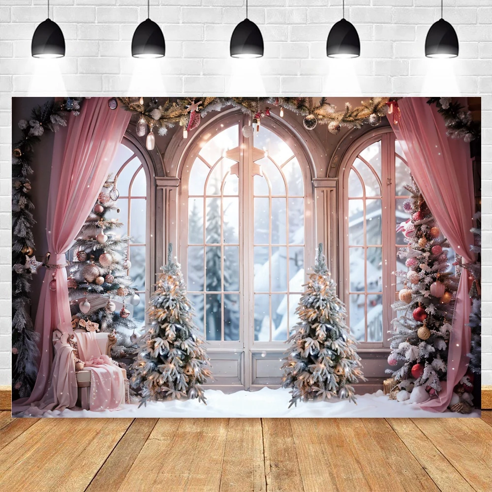 Christmas Backdrop for Photography Winter Window Fireplace Gift Xmas Tree Kids Family Portrait Interior Background Photo Studio