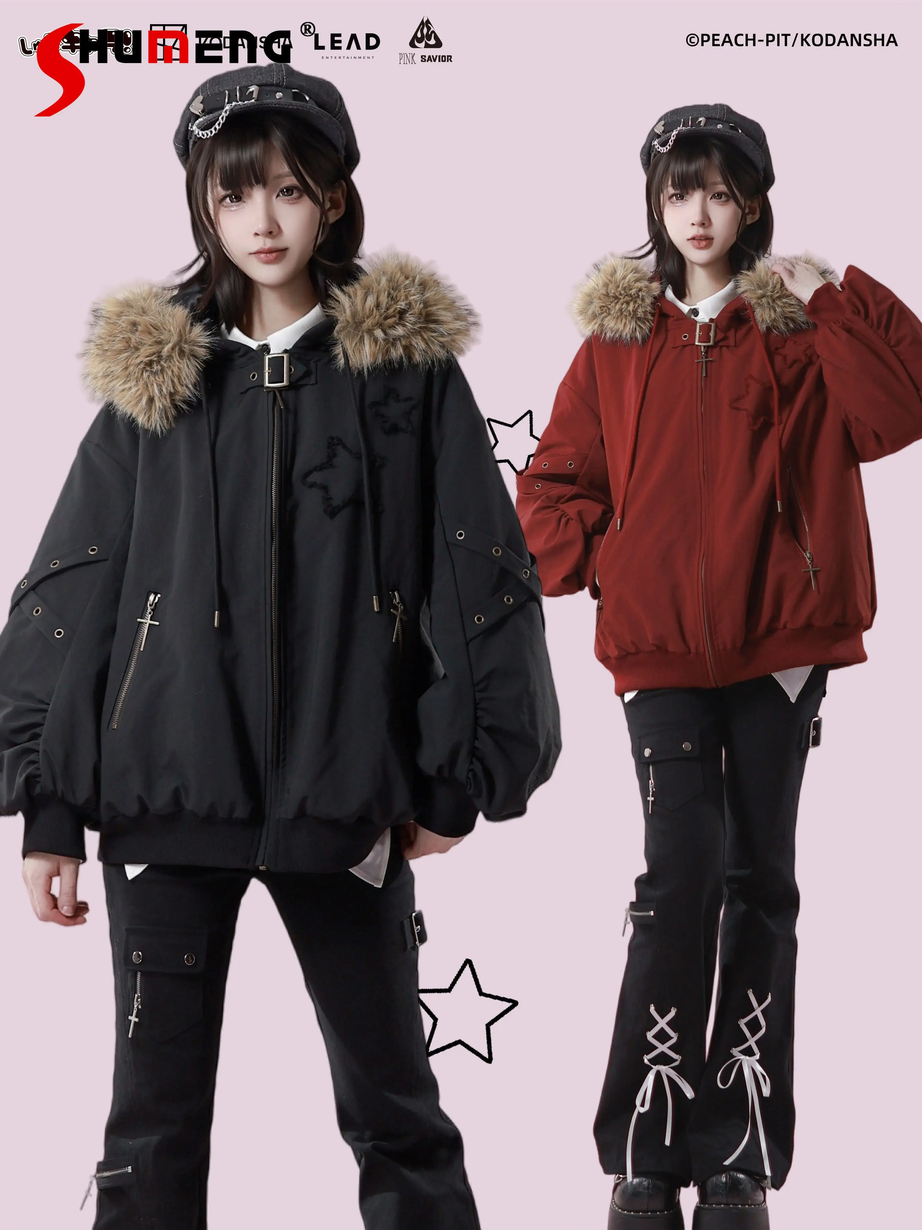 

Original Fashion Streetwear Sweet Cool Girl’s Big Fur Collar Thickened Parkas Women Spring Loose Versatile Zipper Jacket Coat