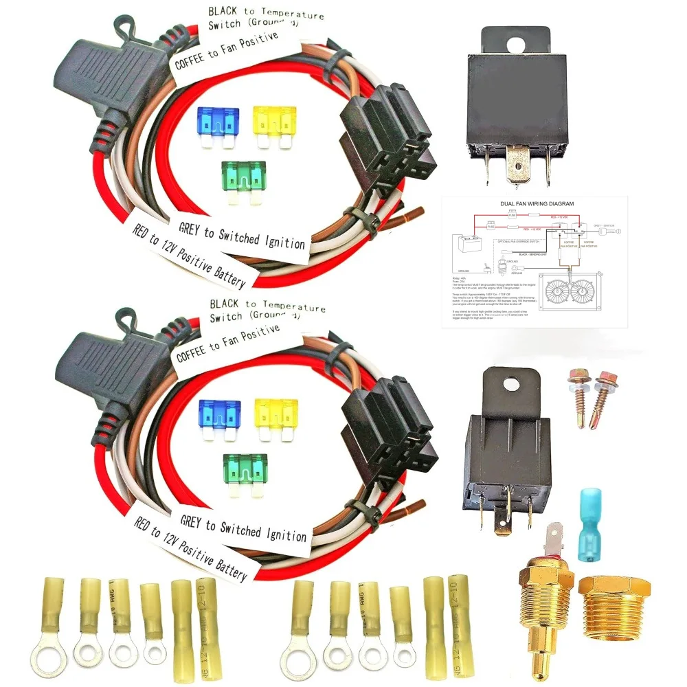 40 AMP Dual Electric Fan Relay Kit  Automotive Relay Thermostat Switch Kit For Temperature Sensor Switch 185 On 175 Off