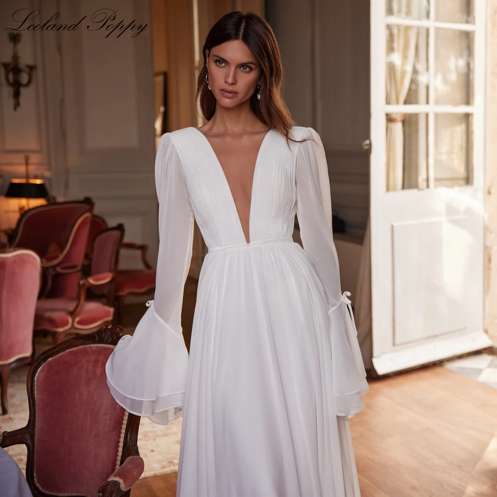 Lceland Poppy Customized A Line Deep V Neck Chiffon Boho Wedding Dresses Full Sleeves Backless Bridal Gowns