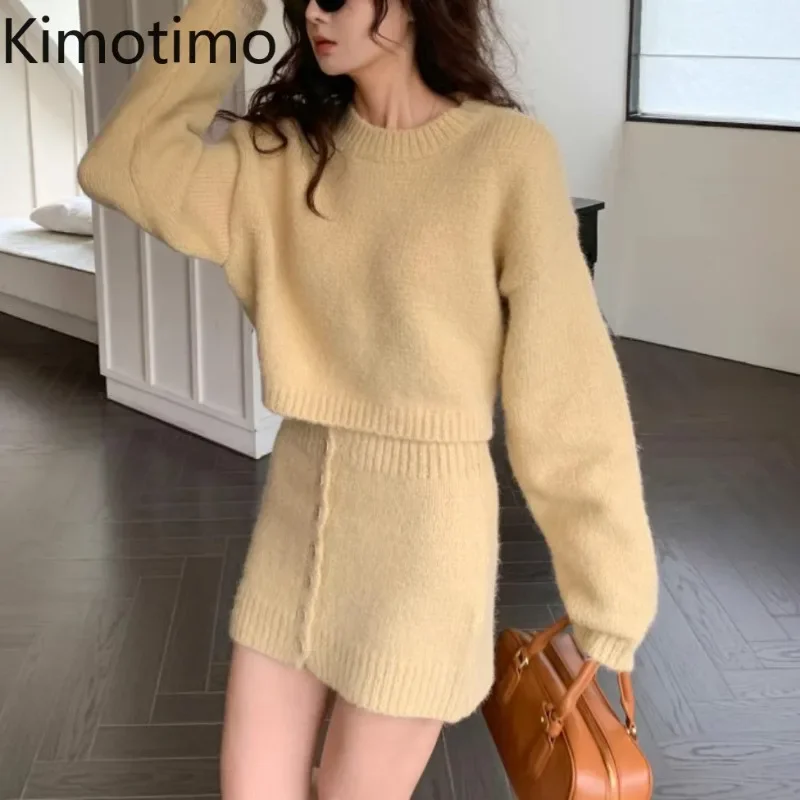 Kimotimo Japanese Sweet Sweater Skirts Sets Women Autumn Winter O Neck Short Pullover Single Breasted Wrapped Mini Skirt Vintage