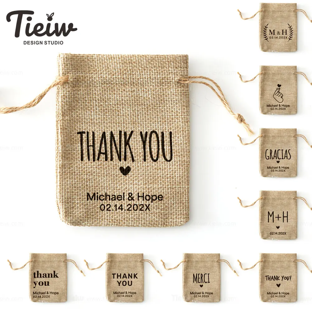 Custom Burlap Thank You Favor Bags For Wedding Handmade Eco-Friendly Little Jute Gift Bags With Drawstring For Party Baby Shower