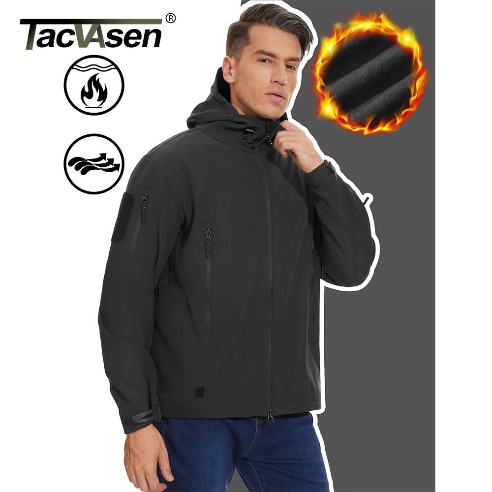 TACVASEN Men's Working Outdoors Jacket Warm Fleece Lined Hooded Coat Waterproof Soft-shell Multiple Zippered Pockets Jacket
