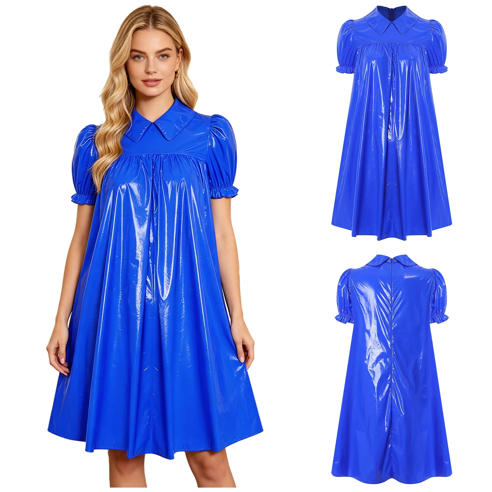 Wasserdichtes Vinyl-Schlafkleid für Damen mit Puffärmeln, Empire-Taille und Revers, Nachthemd für Regency- und viktorianische Cosplay-Partys