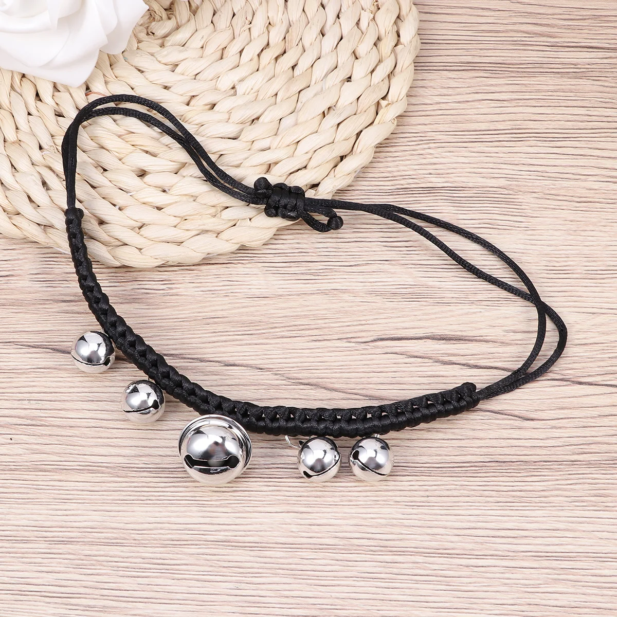 

Black Adjustable Small Hand Woven Bell Collar Hollow Style Pet Necklace Dog Cat Collar Fashion Outdoor Walking