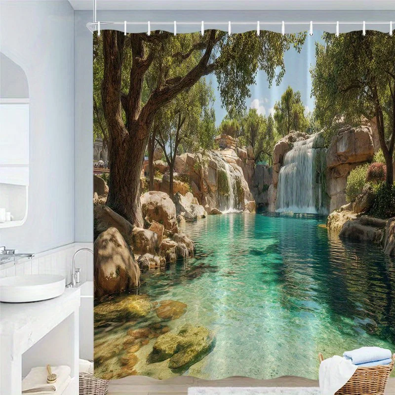 1pc Sunlit Waterfall Shower Curtain - Polyester, Machine Washable, Tranquil Nature Scene with Crystal Turquoise Pool, Rocky Clif