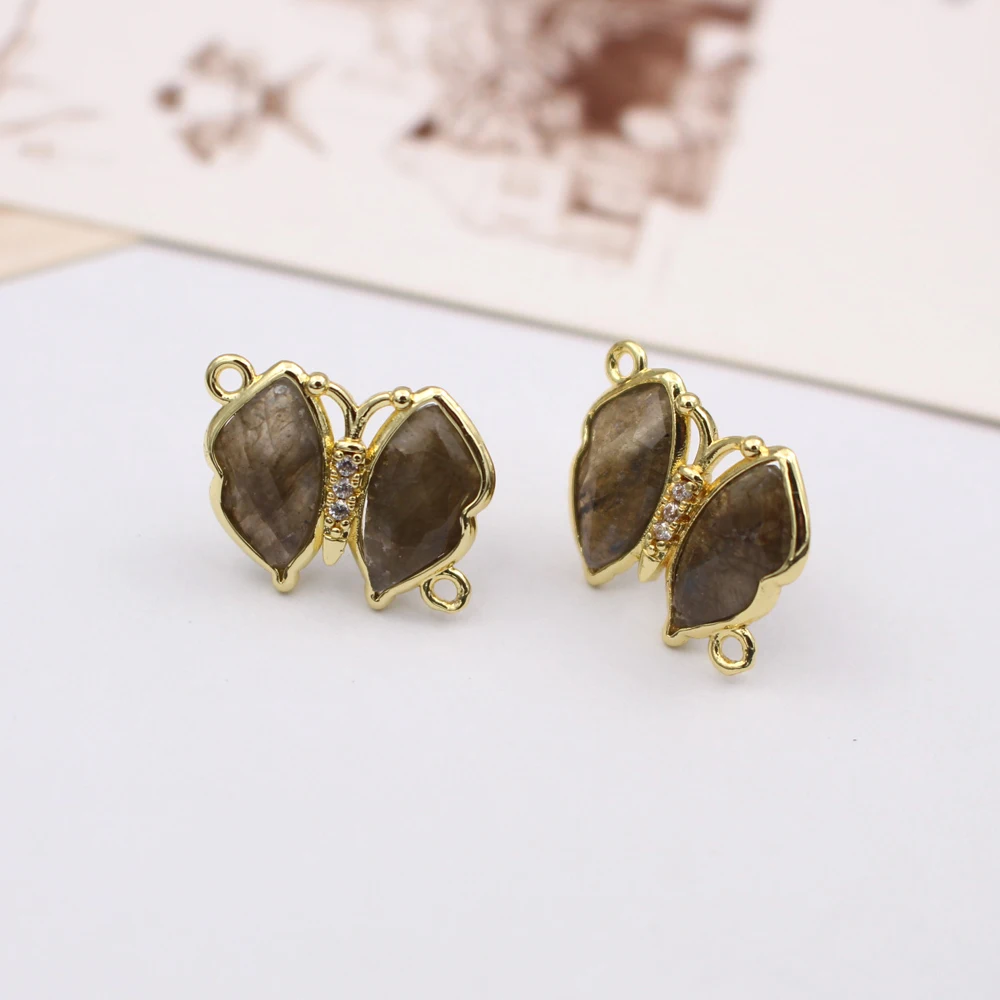 3pair DIY Jewelry Accessories Ear Posts Butterfly Shape Natural Quartz Amazonite Labradorite Stone Earring with Loop Connectors