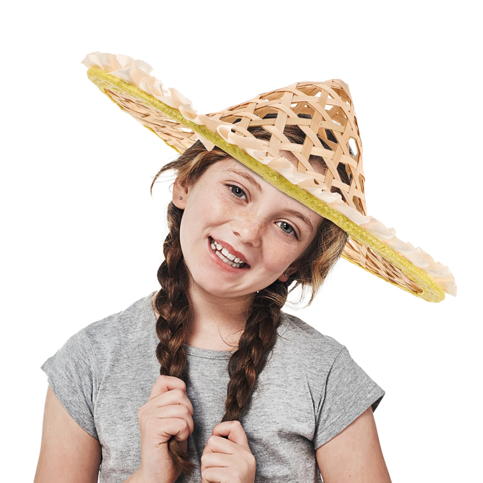 

Colorful Bamboo Woven Hat Kids Stage Performance Lightweight Breathable Oriental Rain Cap Cone Farmer Sun Protection Traditional