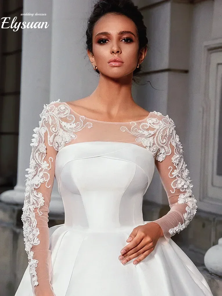 Maßgeschneiderte Vintage Flauschige Brautkleider für die Braut O-Ausschnitt mit langen Ärmeln Spitze Applikationen Tüll bodenlangen Brautkleid Vestidos De