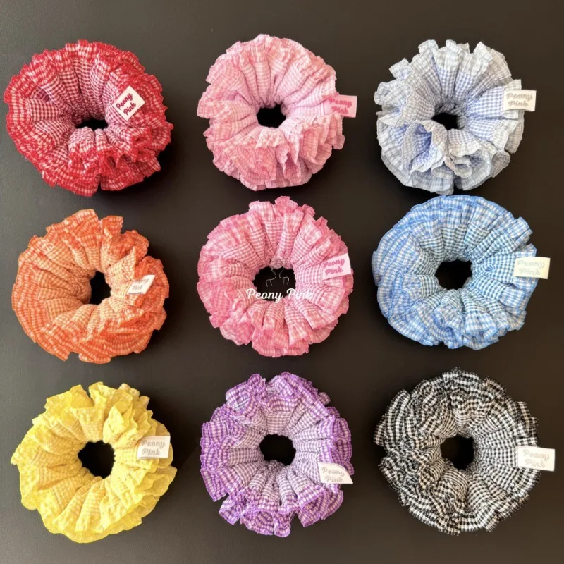 Fashion Retro Plaid Double-layer Laced Pleated Scrunchies Headdress 2024 Female Colored Oversized Hair Ties Hair Accessories