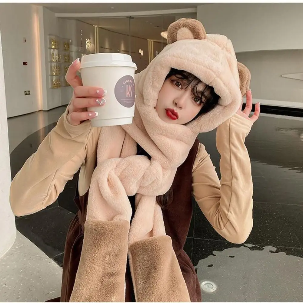 New Cartoon Bears Ears Plush Hat Windproof Warm Winter Hooded Scarf Soft Ear Protection Cap Women