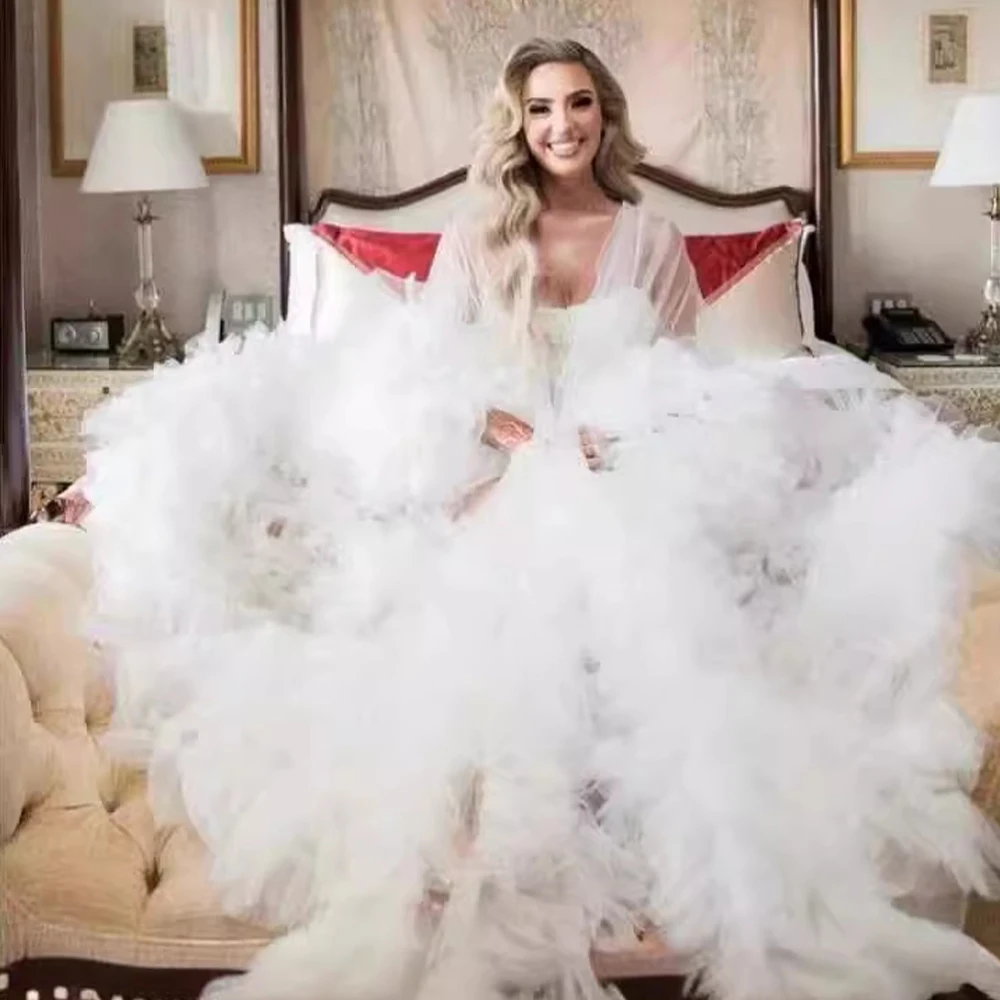 

Bridal Prom Dresses Women Fluffy Tulle Robe Sheer Evening Dress Front Split Wedding Party Bridal Boudoir Sleepwear Nightwear