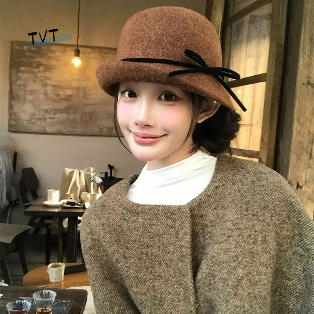 

Retro Bowknot Hepburn Style Topper Hat Elegant French Style Women Formal hat Pure Color British Style Bow Basin Hat Winter