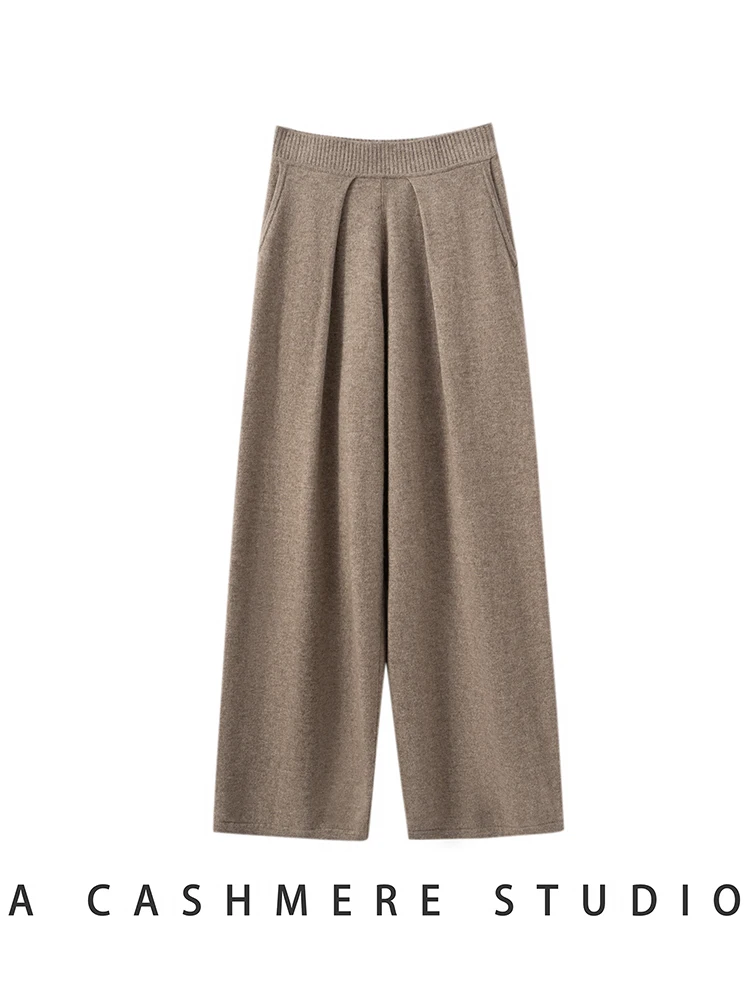 

CHICUU Women's 100% Cashmere Knit Pants Thick Pleated Wide Leg Pants Autumn Winter Casual Simple Style Cashmere Knitwear Pants