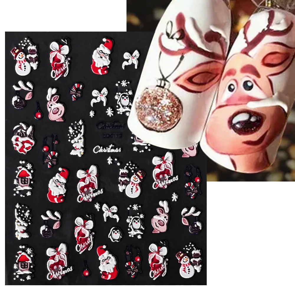 1PC New 5D Santa Claus Christmas Tree Nail Stickers Winter Snowman Snowflake Self-Adhesive Slider Nail Art Decorations Accessory