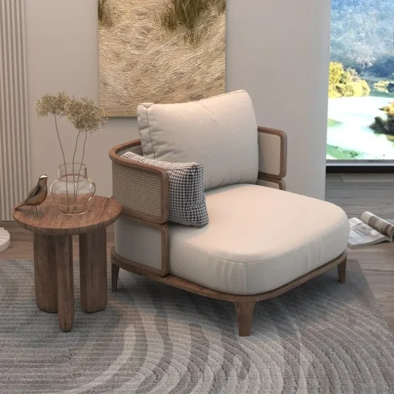 JJ Japanese Style Hotel Homestay Rattan Wooden Lounge Chair  Model Fabric Single Sofa