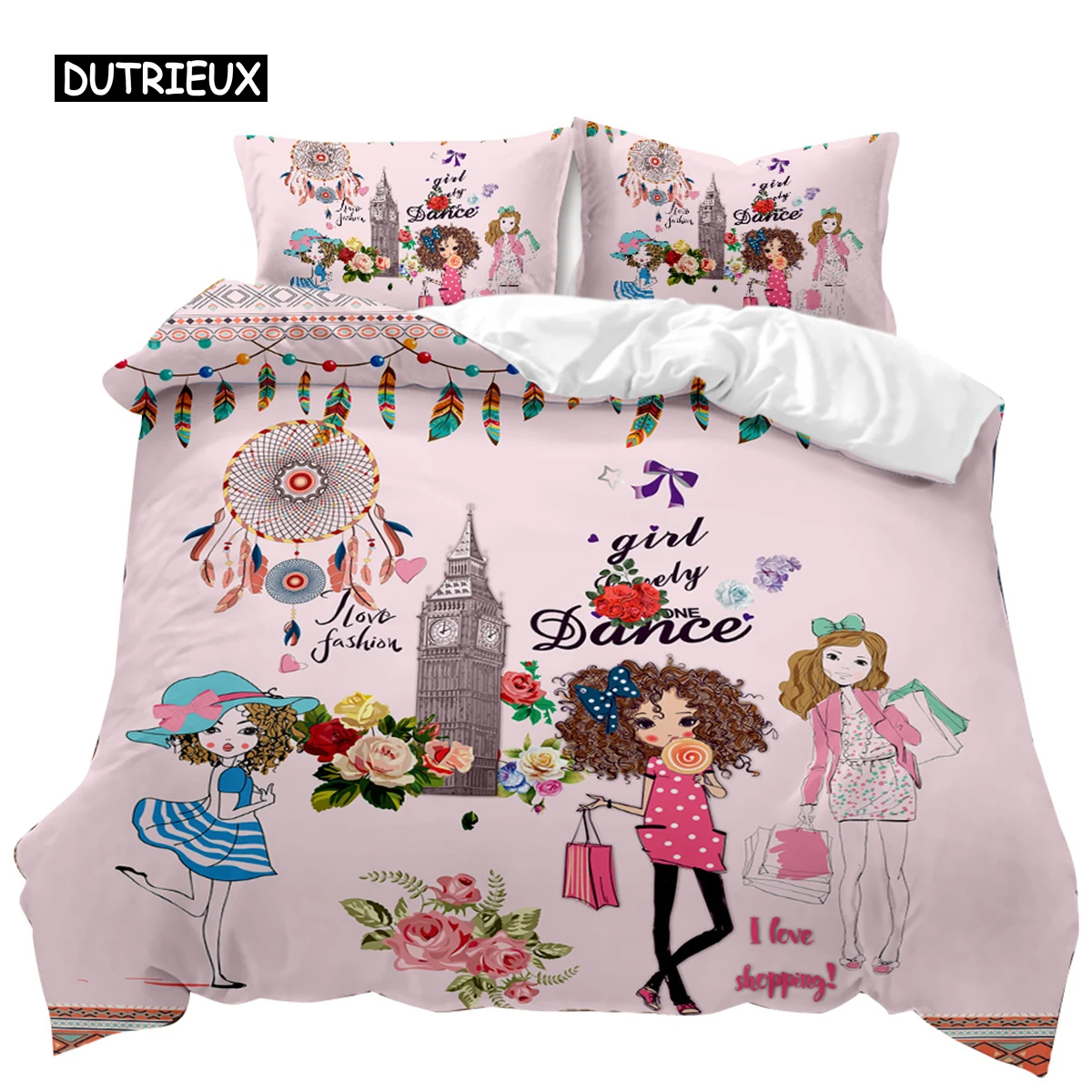 Girl Duvet Cover Set Pink Fashion Girl Sister Flowers Bedding Set Kids Girls Theme Double Queen King Size Polyester Qulit Cover