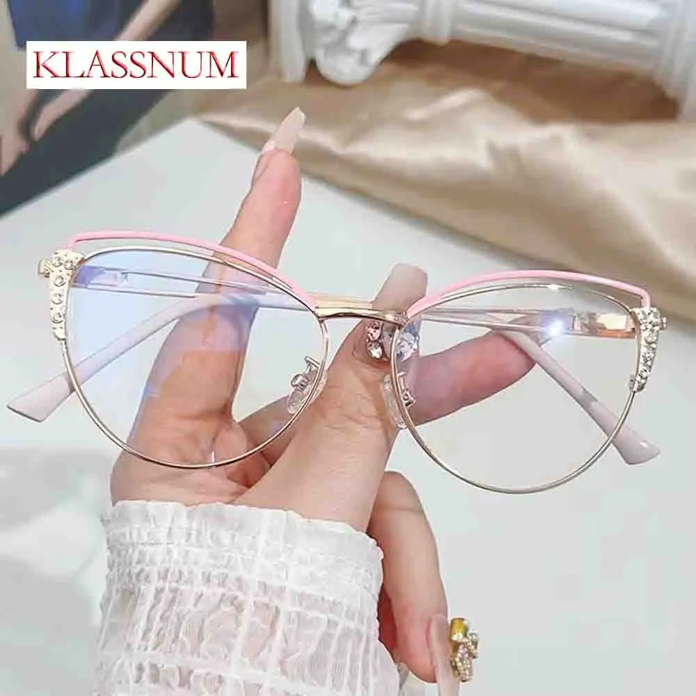 Luxury Diamond Cat Eye Anti-Blue Light Glasses Women Optical Lenses Multi-color Splicing Metal Frames Computer Reading Glasses