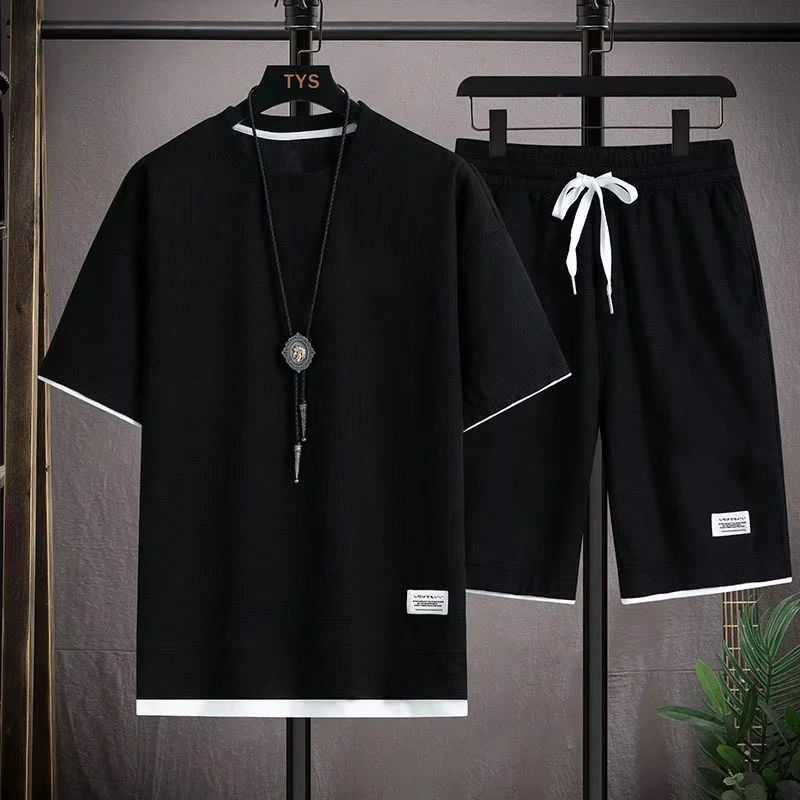 

Summer men's T-shirt set, with elastic drawstrings, casual fit fabric, two-piece set, short pants set