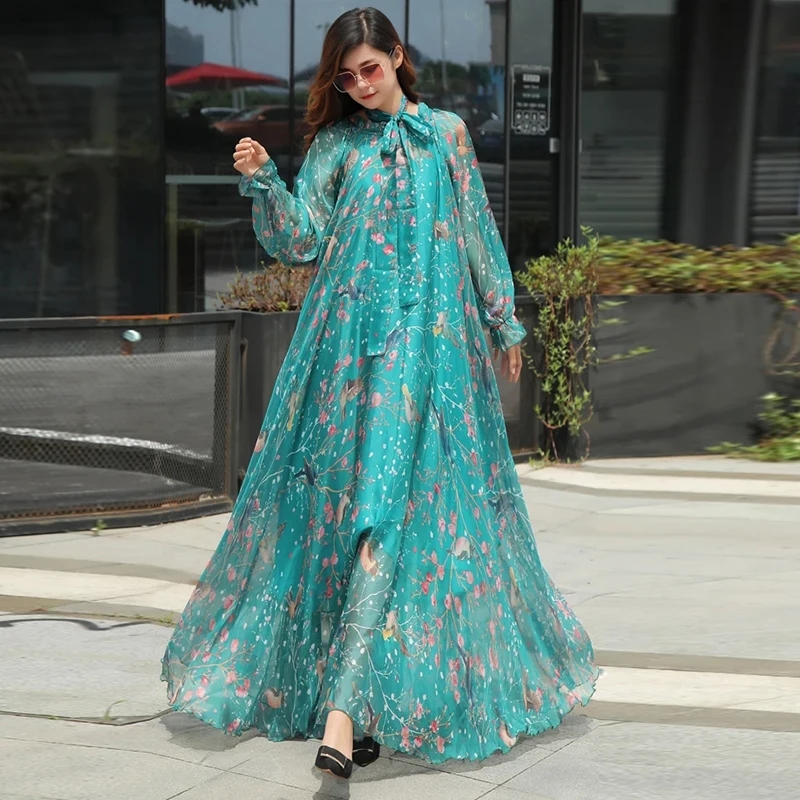 New Arrives Chiffon Long Sleeve Floral Print Dress Boho Plus Size Women Beach Party Garden Abaya Kaftan Elegant Vestidos Robes