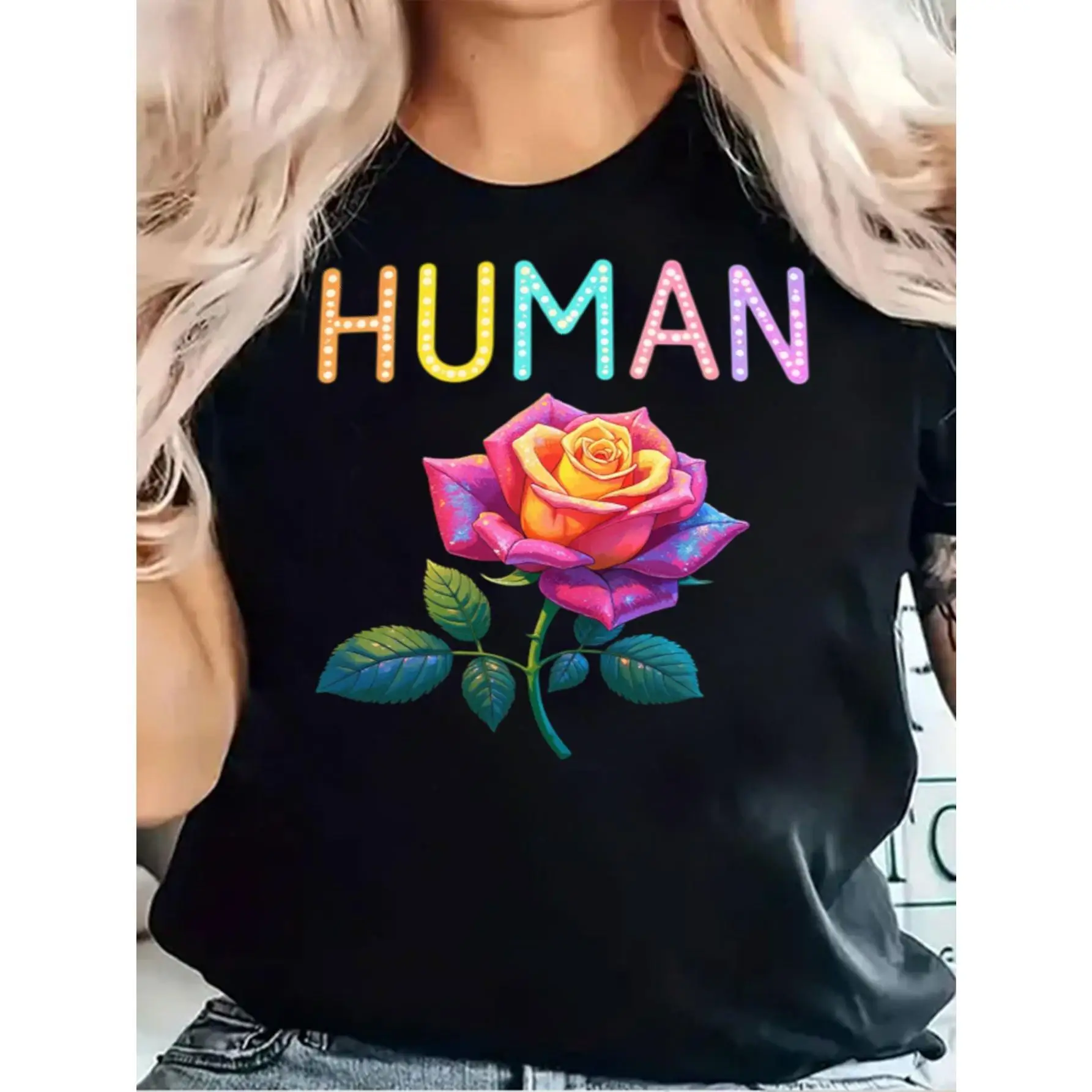 

Round Neck T-shirt 100% Human Rainbow Rose Graphic Tee For Women Casual Summer Style Top Short Sleeve Tee Fashion Casual Top