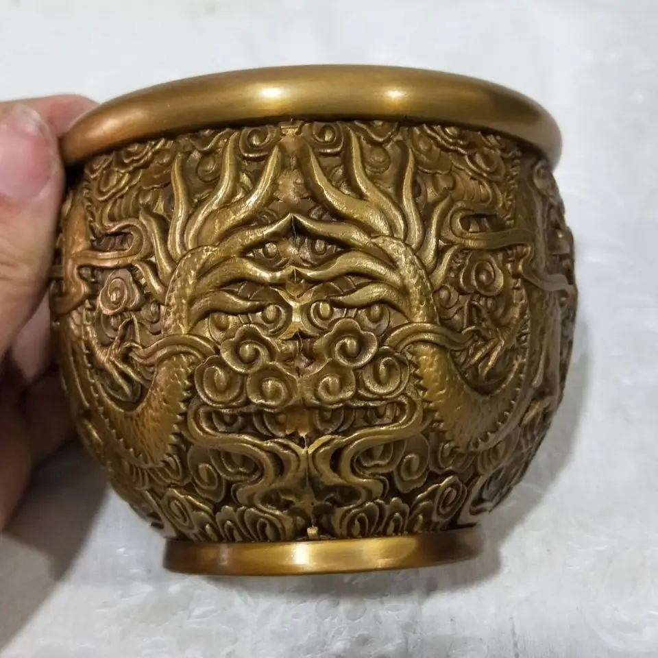 Antique relief dragon pattern jar incense burner feng shui small copper jar cornucopia decorative penholder office desk accessor