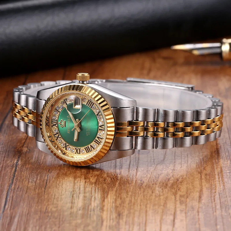 Reginald-Reloj de acero inoxidable para mujer, cronógrafo de lujo con diamantes de cara verde, con fecha automática, de cuarzo, a la moda