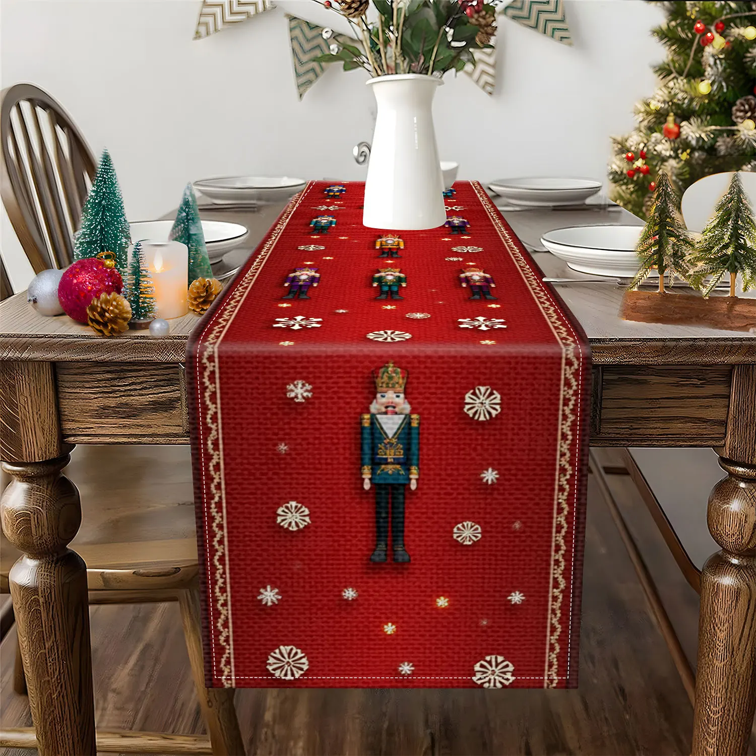 1Pc Christmas-Themed Table Runner, Featuring Nutcrackers, Christmas Trees, and Snowflake Patterns, Suitable for Christmas Parties and Festive Home Decor Scenes.
