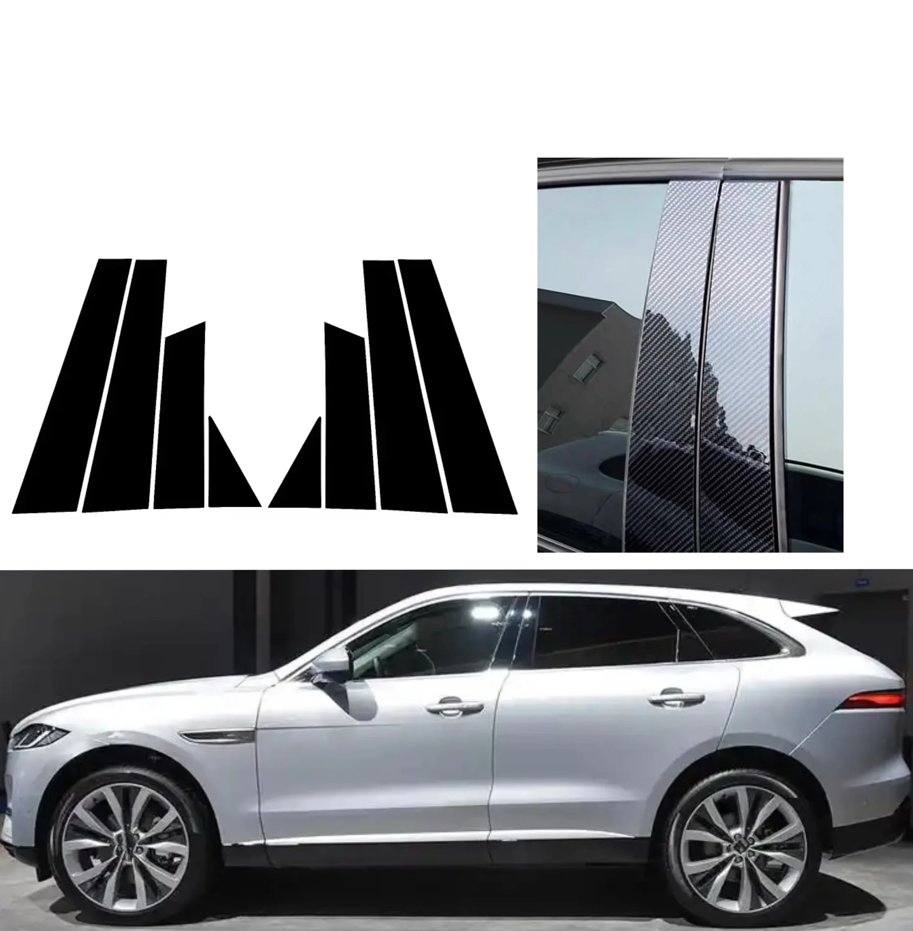 

6PCS Gloss Black Pillar Posts Silver Carbon Fit For Jaguar F-Pace 2016 2017-2022 Window Decor Door Side Mouliding Trim Cover
