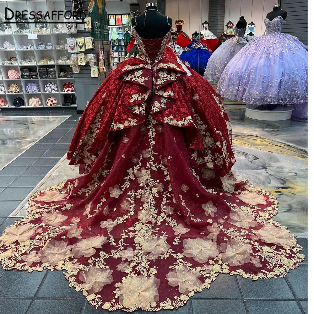 Burgundy Quinceanera Dresses 2023 Flower dress Tulle Beading Off The Shoulder Appliques Lace Up Court Train Ball Gown