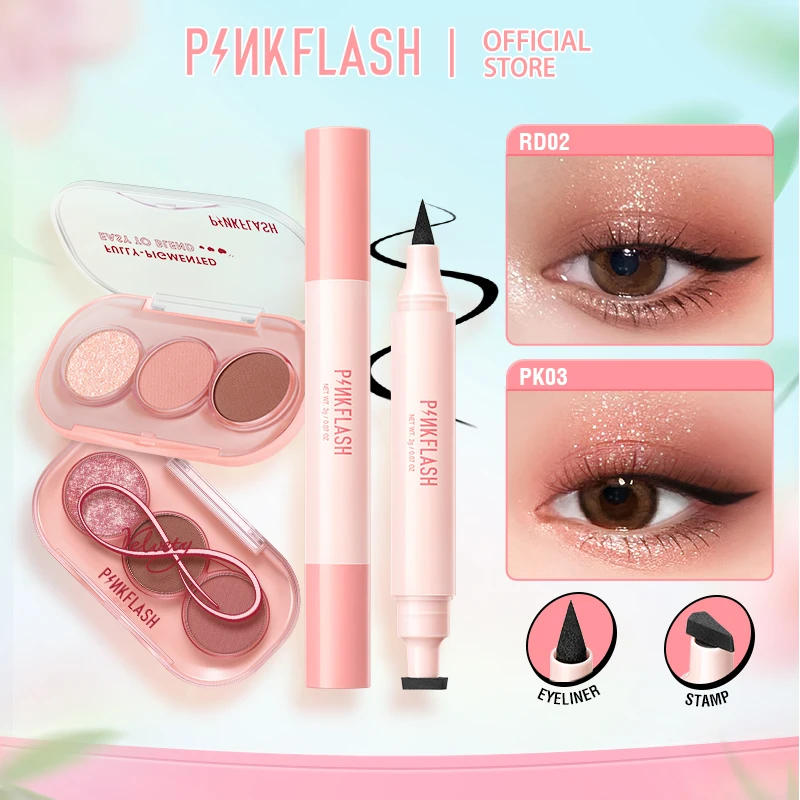 

PINKFLASH Black Liquid Eyeliner Eyeshadow Palette 2 In 1 Quick-dry Eye Liner Stamp Pen Waterproof Long Lasting Makeup Cosmetics