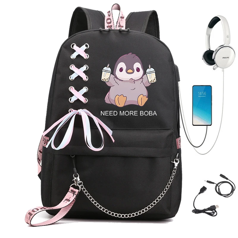 Tas ransel anak perempuan Boba Penguin กระเป๋านักเรียนลายการ์ตูนอะนิเมะฟองชาสำหรับนักเรียนวัยรุ่นเด็กผู้หญิงกระเป๋าแล็ปท็อปกระเป๋าเป้สะพายหลังฮาราจูกุ