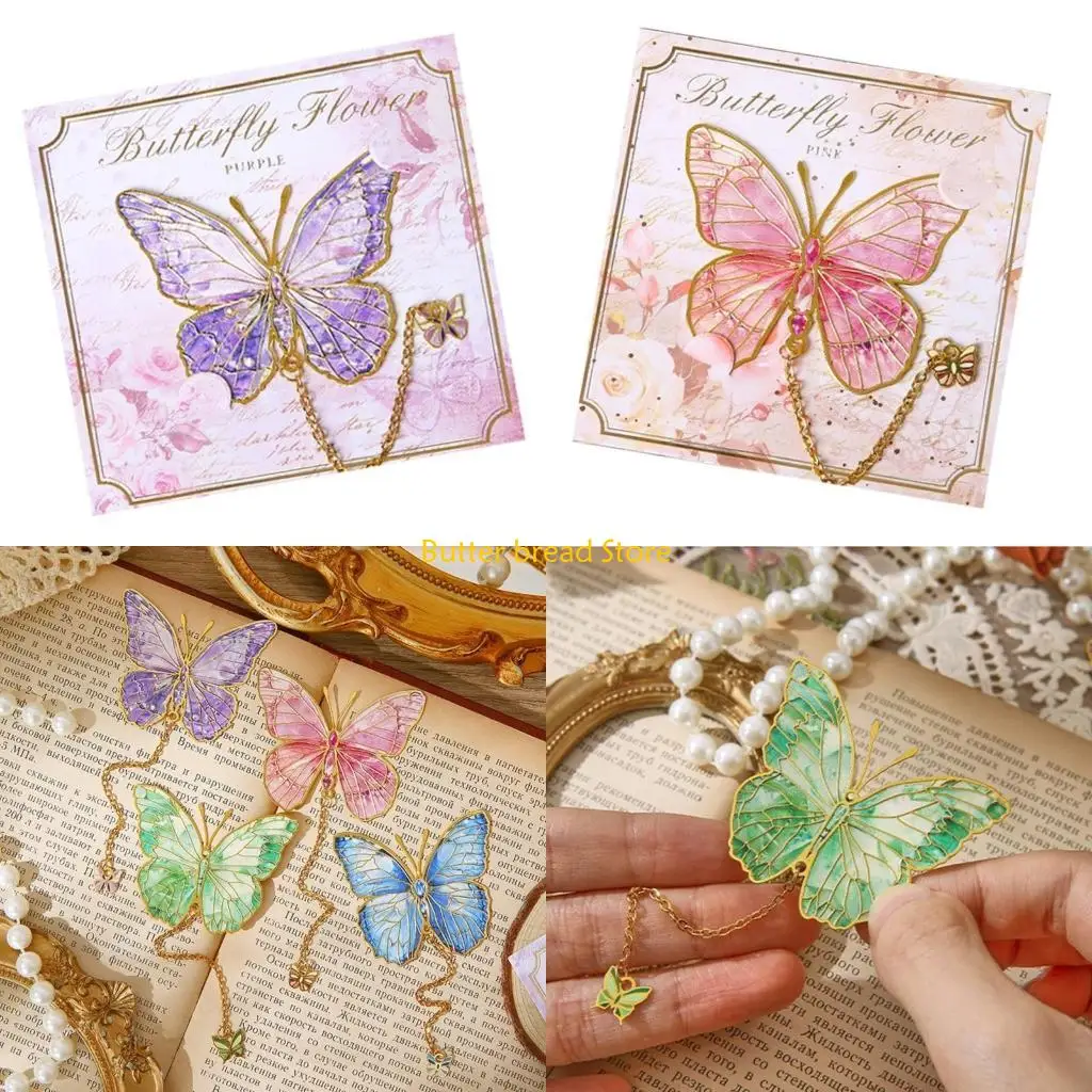 W89C Butterfly Bookmarks Chinese Book Markers Metal Page Markers with Pendant
