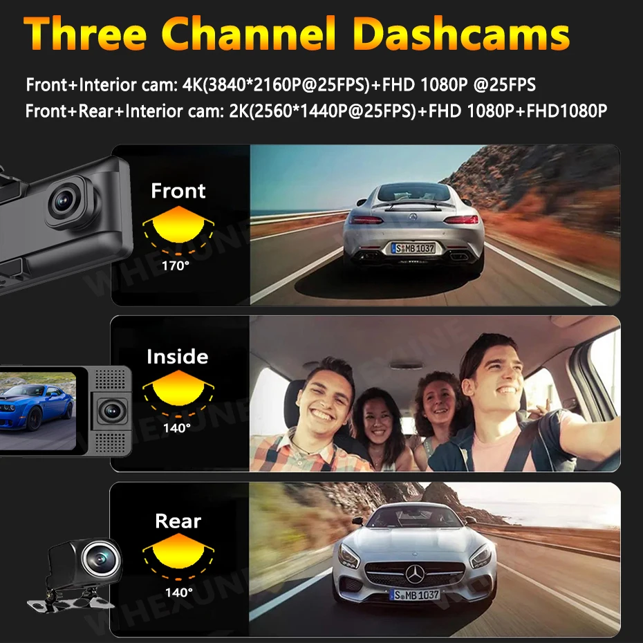 3 Channel Dash Cam Front Inside Rear Three Way Car Dash Camera Dual Channel With GPS WiFi Night Vision Rearview Mirror 4K+1080P