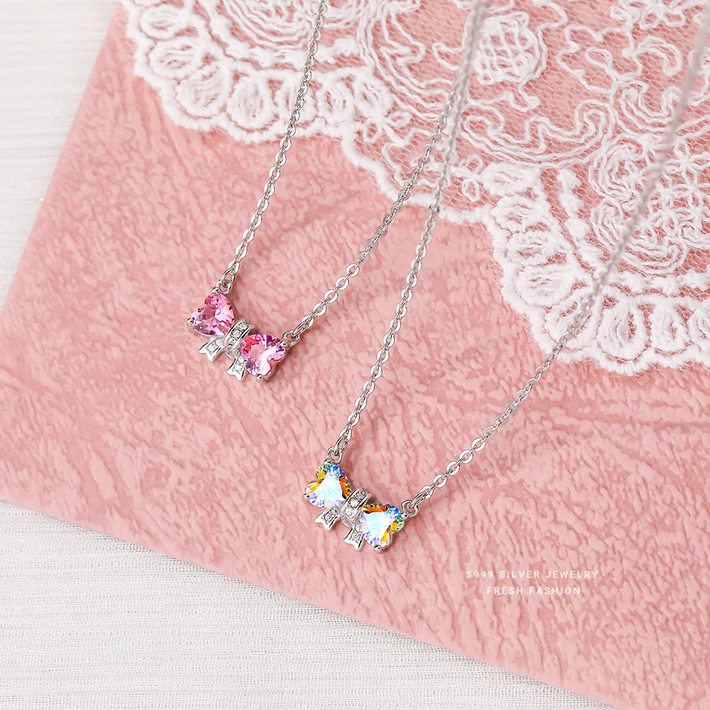 

Korean Style S925 Sterling Silver Necklace for Women, Color Zircon Smile Pendant, Fresh Light Luxury Versatile Collarbone Chain
