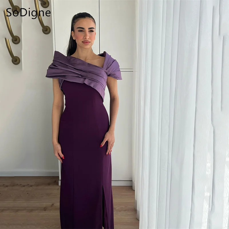 

SoDigne Purple Straight Prom Dresses Off Shoulder Side Slit Pleat Party Dress Arabic Floor-Length Evening Gowns 2025Customized