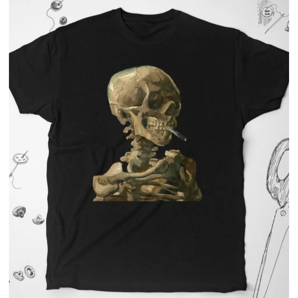 

Skeleton T Shirt Trendy Graphic Design Vintage Van Gogh Art Aesthetic Painting Smoking Skeleton Gothic Unisex Shirt Gift Idea