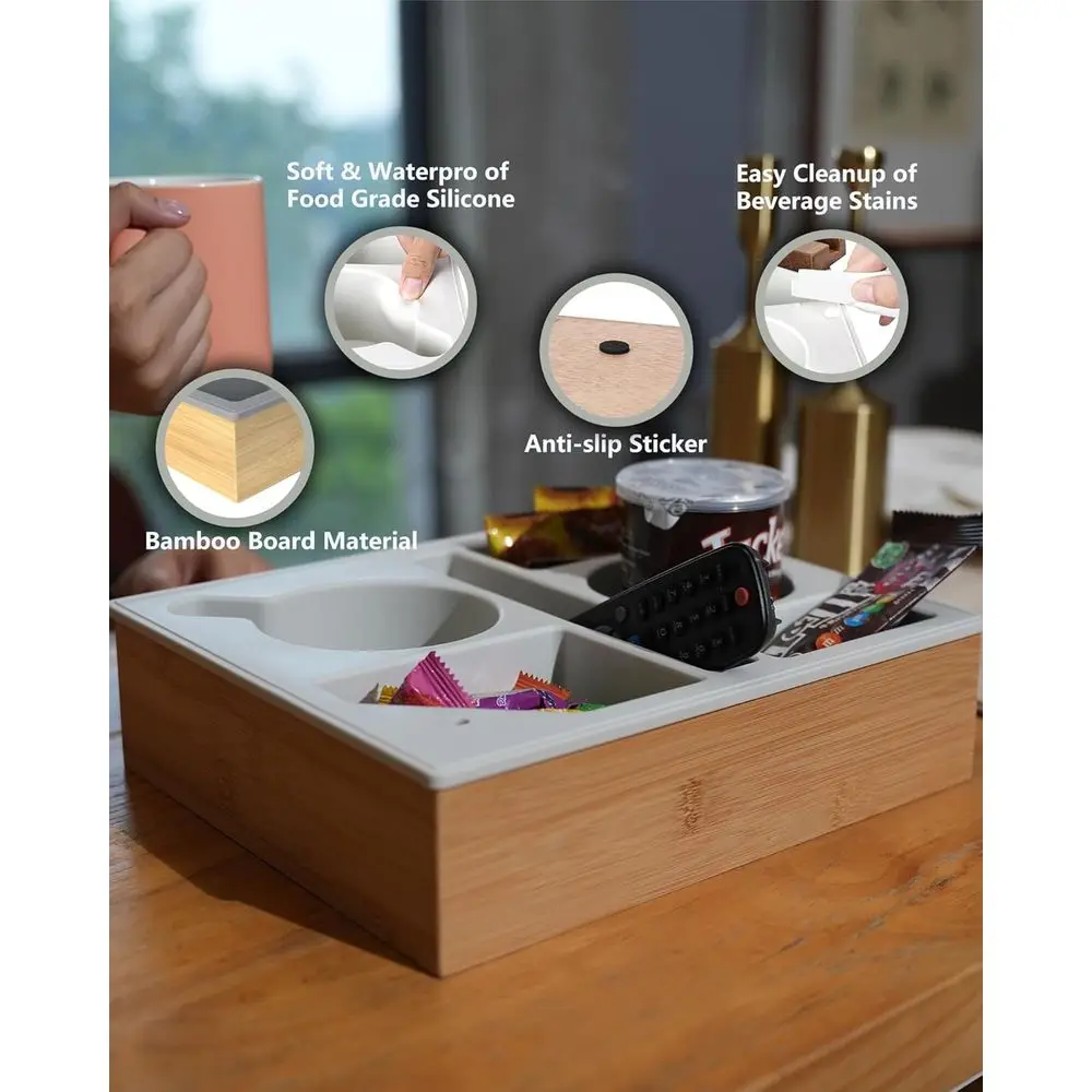 Gray Silicone Bamboo Couch Caddy with Rotatable Phone Holder, Waterproof Sofa Tray for Snacks, Beverages, and Remote Control
