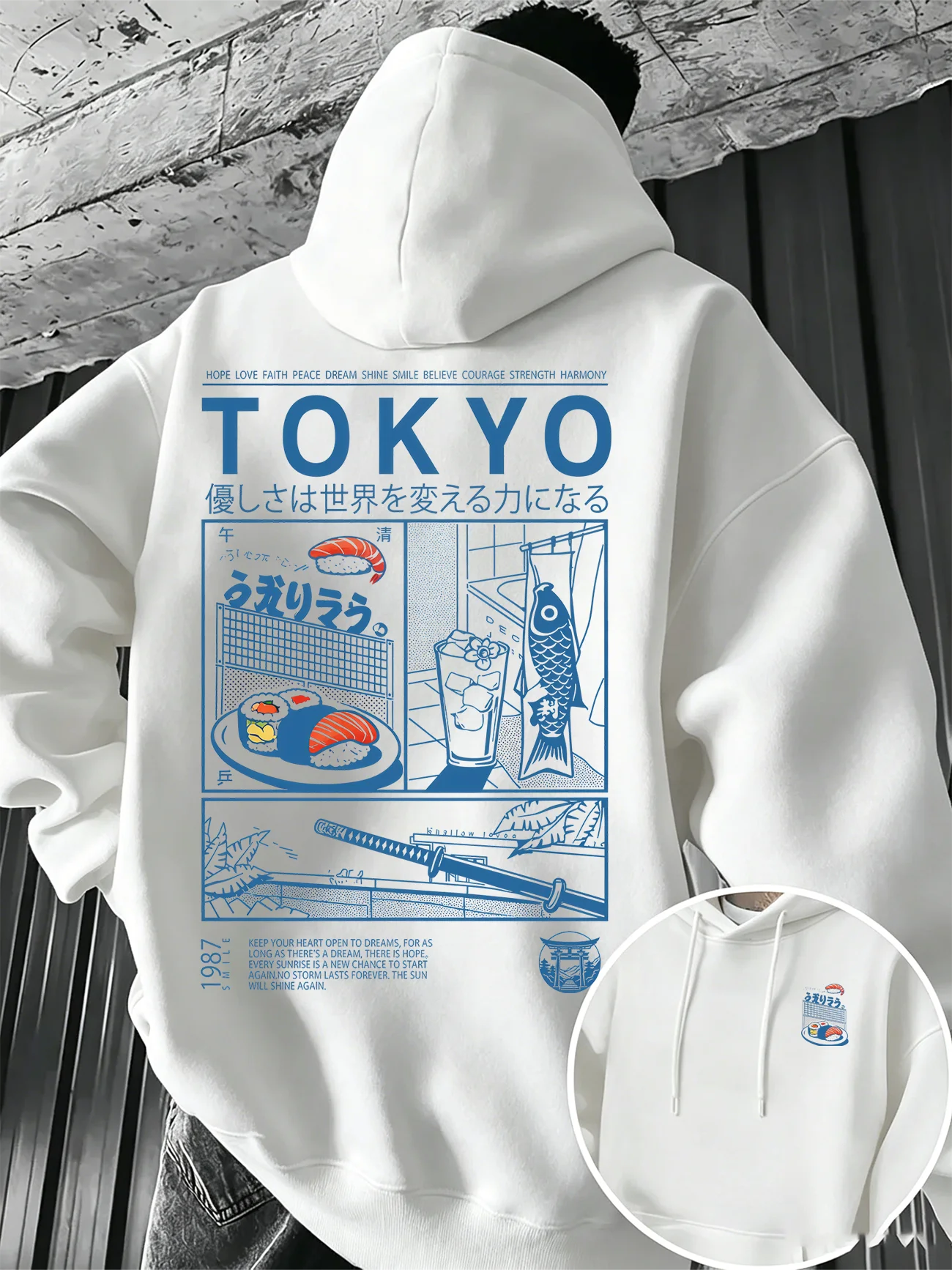 Loose-fit Men's Hooded Sweatshirt, Tokyo-style Japanese Cuisine Woodblock Print Multi-panel Japanese-style Printed Pullover Top