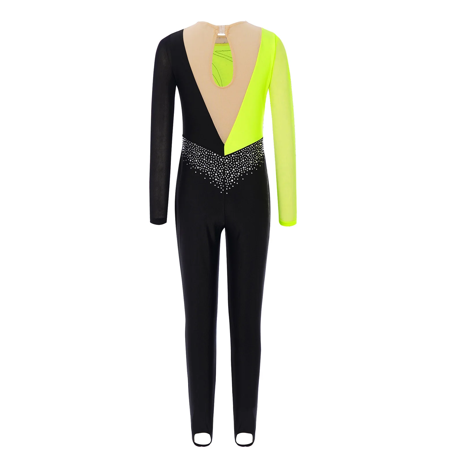 Kids Girls Gymnastics Acrobatics Performance Jumpsuits Costume Long Sleeve Rhinestones Stretchy Ballet Skating Dance Jumpsuit
