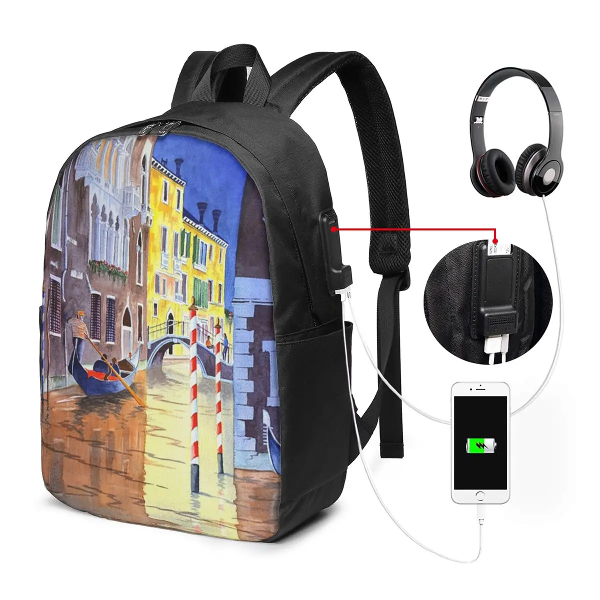 Venice Canal Italy Landscape Backpack Travel Notebook Bag Computer College Student School Bag Laptop Shoulder Bags for Men Women