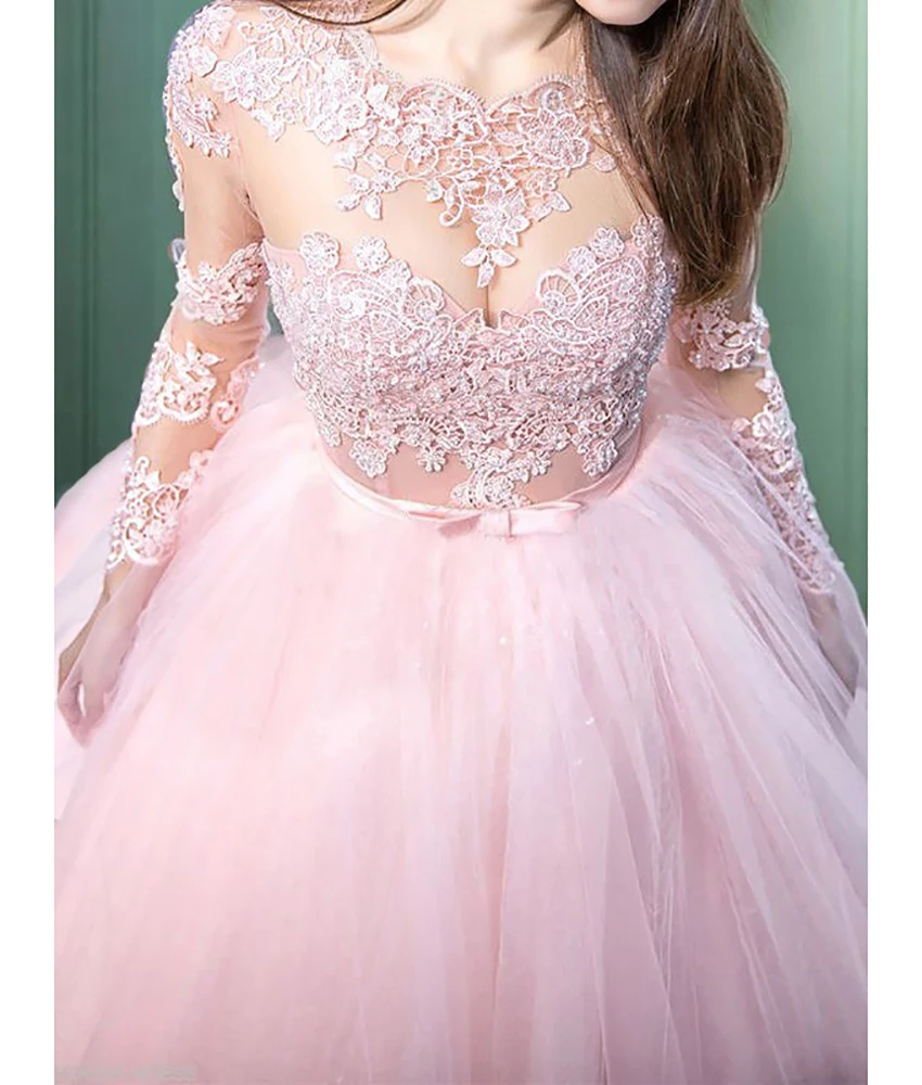 Personalizado sexy organza a linha apliques lantejoulas arco 3d vestido de noite delicado tripulação pescoço mangas compridas فسات evimavera