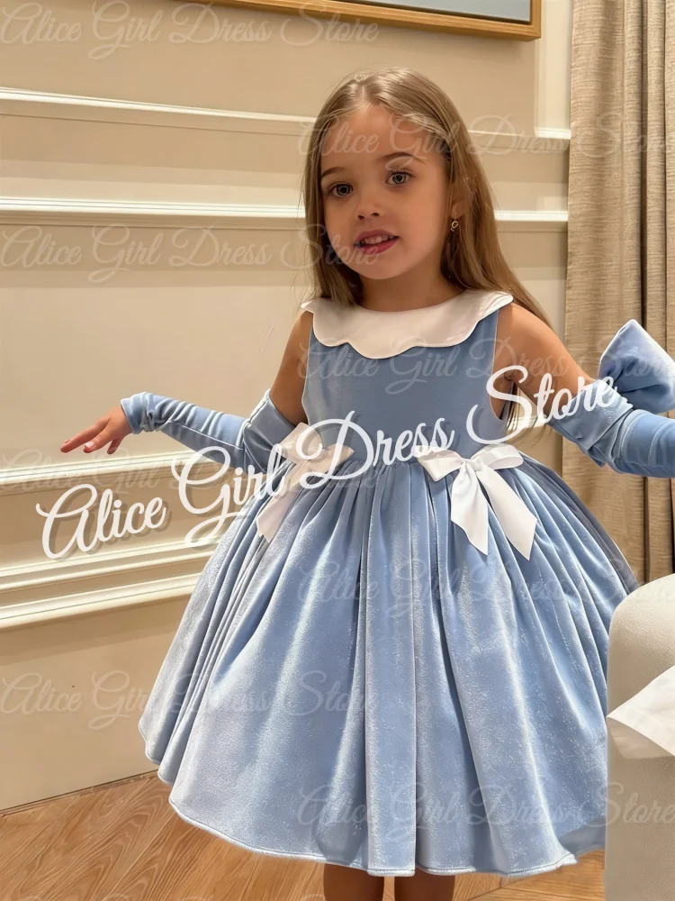 

Customized Blue Flower Girl Dress With Bows Knee Length Communion Ball Birthday Princess Graduation Ceremony Wedding Party