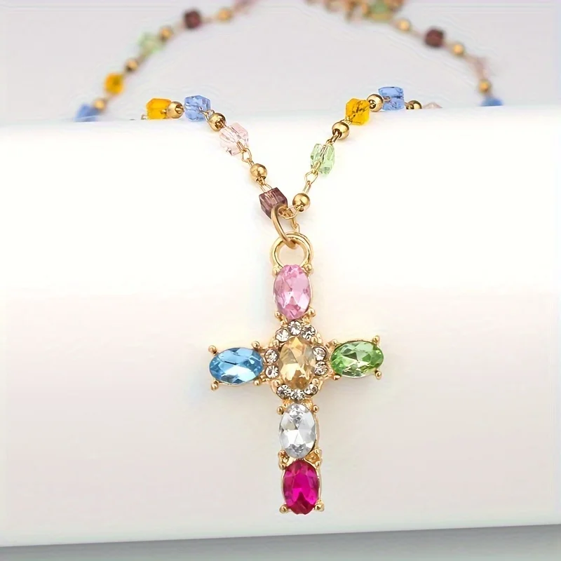 Fashionable and Trendy Colorful Bead Inlaid Zircon Cross Pendant Necklace Women's Personalized Holiday Party Jewelry Gift