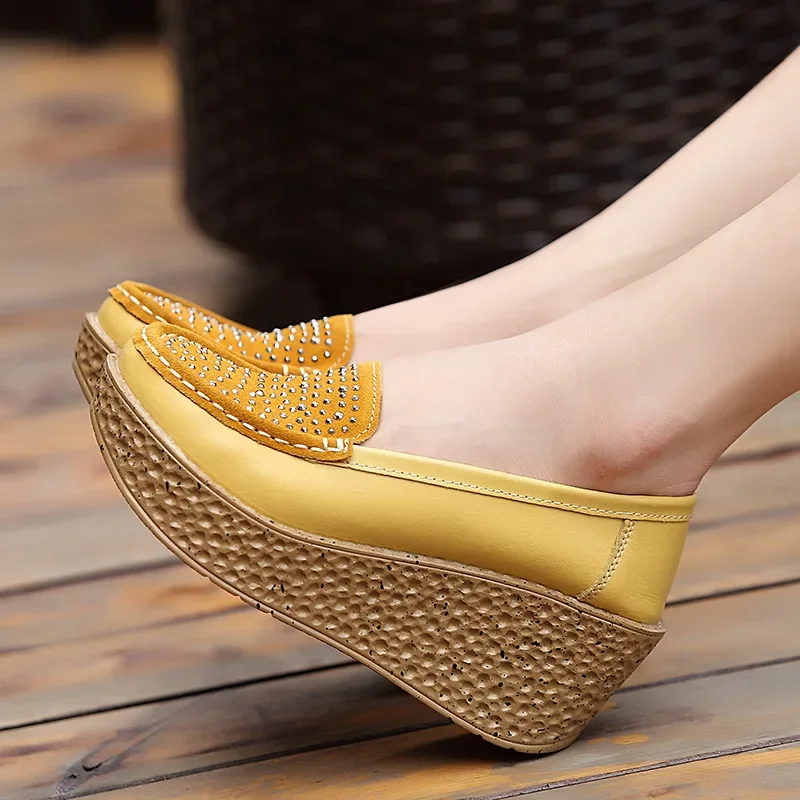 Spring Autumn Women Platform Wedge Shoes Ladies Genuine Leather Moccasins Loafers Casual Slip on Thick Soled Elevator Footwear