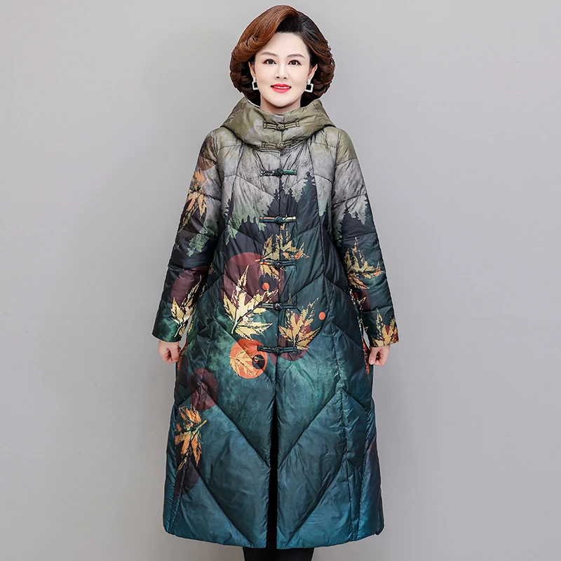 Chinese style Vintage Single Breasted Ultra Light Down X-long Coat Winter Women White Duck Down Jacket  ink painting Outwear