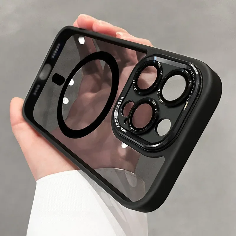 Funda protectora de parachoques de lente de Metal magnético de lujo para iPhone 16 15 14 13 12 11 Pro Max Plus cubierta translucidez acrílica Magsafe