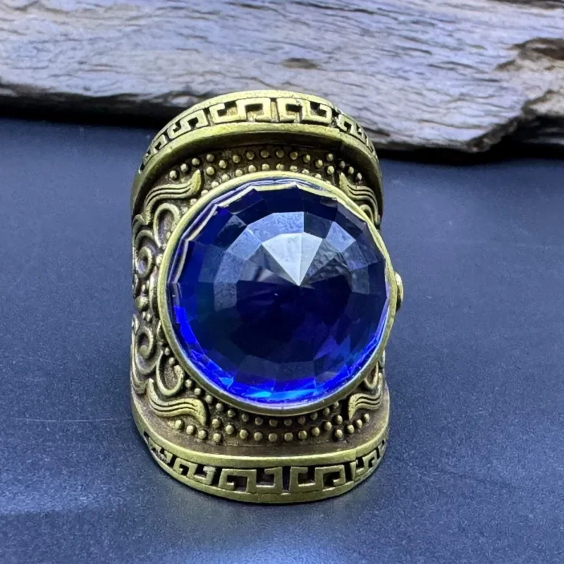 Cultivated Blue Gemstone Ring, 20mm Faceted Stone, Hardness Over 9 Men Statement Jewelry Gift