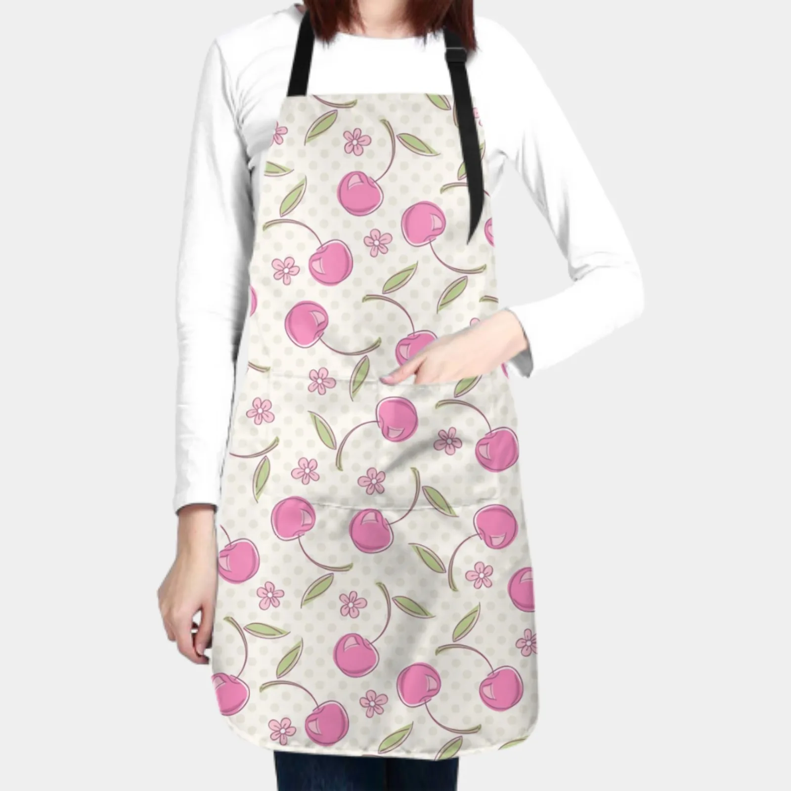 Colorful Cherry Waterproof Apron with 2 Pockets Kitchen Chef Apron  Apron for Hair Brushing Cooking Baking Painting Gardening